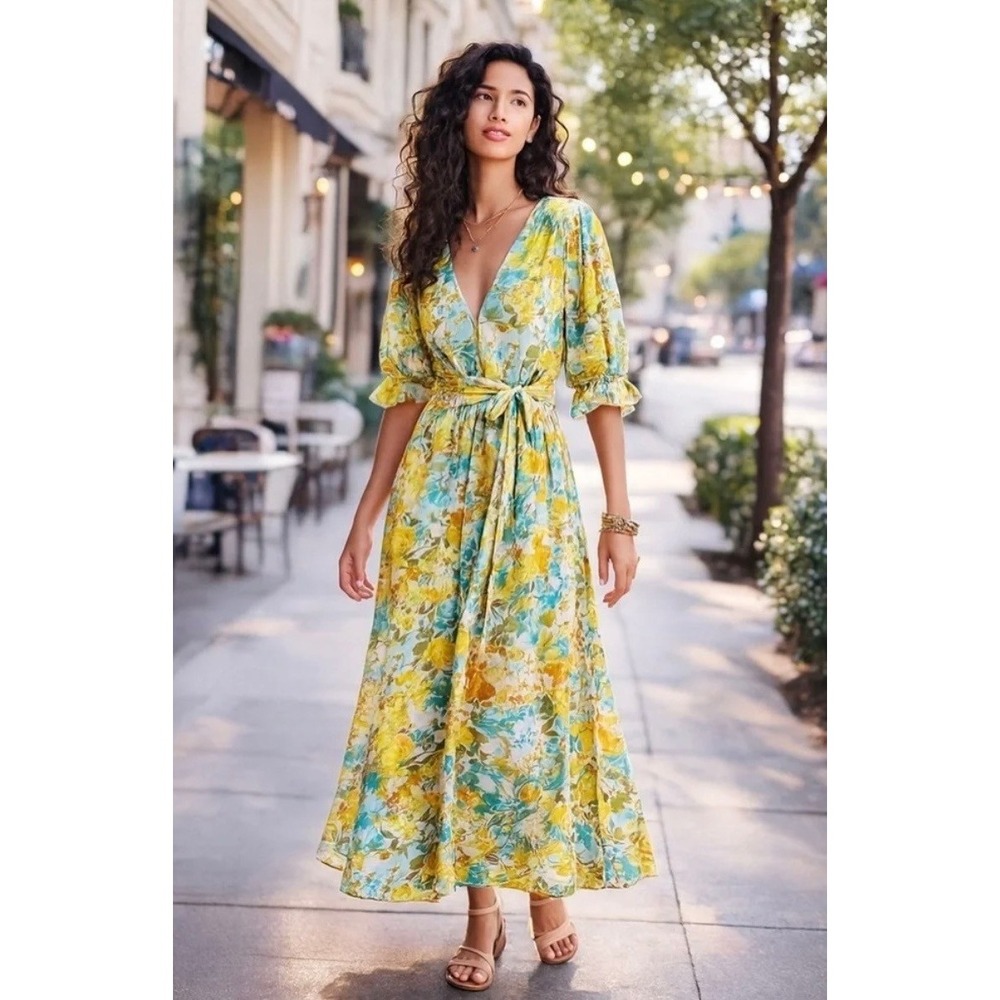 Faithfull the Brand Rafa Midi Dress‎ Annina Floral Yellow Blue Size 6  NWT